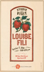 An old styled poster of some red and green strawberries with the text: Studio Visit Louise Fili.