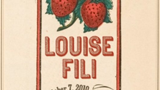 An old styled poster of some red and green strawberries with the text: Studio Visit Louise Fili.