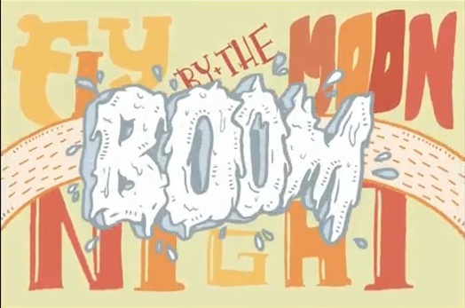An orange and yellow banner with the word Boom made from white paint splashes.