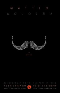 A poster of a white moustache like design on a black background.