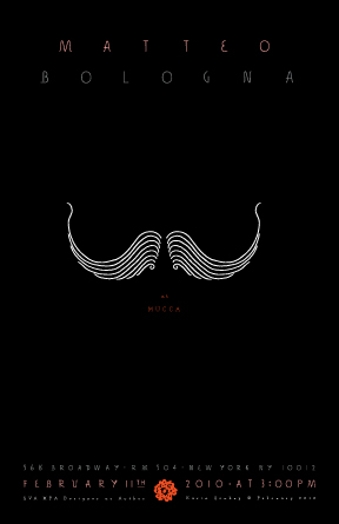 A poster of a white moustache like design on a black background.