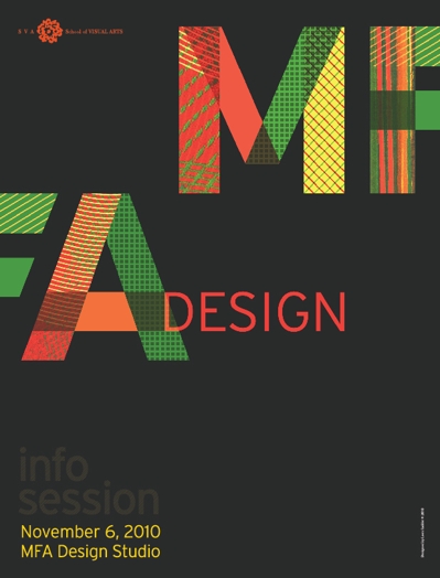 A poster with a MFA Design logo made from textile red, green and yellow pattern stripes.