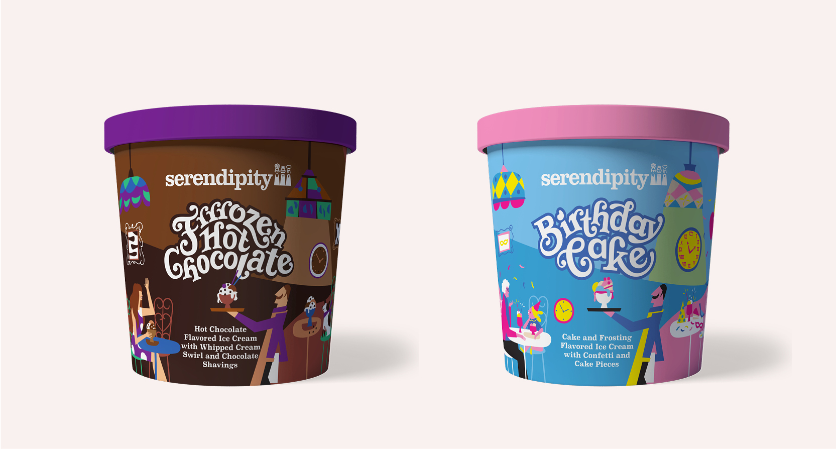 A photo of two ice cream cups, one brown with purple cap and the other blue with pink cap. On them there are some drawings and the text Frozen Hot Chocolate and Birthday Cake.
