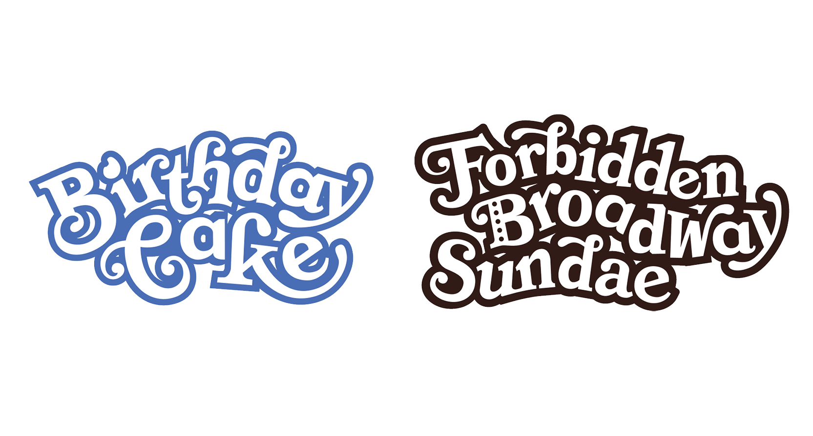 A picture that shows two sets of logos one with text: Birthday Cake. The other has the text: Forbidden Broadway Sundae.