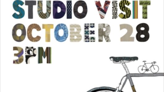 A poster showing half of a bicycle with different colored textures on the text: Michael Maharam Studio Visit.