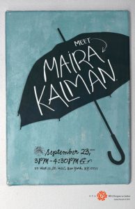 A poster from SVA MFA Design depicting an umbrella on a blue background, with the text: Meet Maria Kalman.