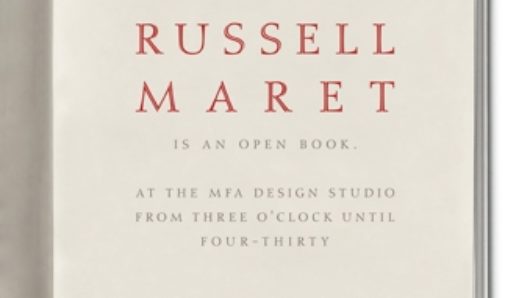 A poster from SVA, of an opened book with the text: Russell Maret.