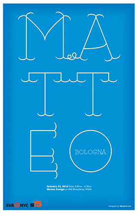 An blue poster with the stylish white text: Matteo Bologna.