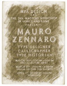 A crayon sketched MFA DESIGN poster with title MAURO ZENNARO.