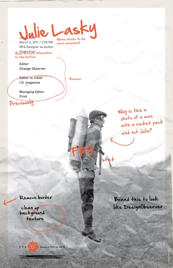 A paper with ripples on it showing a black and white photo of a man with a rocket pack strapped on him while trying to take off the ground. The title: Julie Lasky written in red and some other text with different descriptions of the photo.