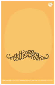 An orange SVA poster that depicts a faded orange face and a text in form of a moustache. The text says: Matteo Bologna.