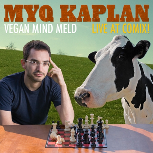 A poster showing a man and a cow sitting at a table, in the middle of a field and playing chess.