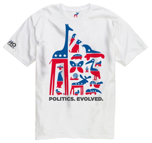 A t-shirt with a poster graphic showing different animals that are styled as American people's party famous logos with red and blue with white stars. The text says: Politics Evolved.