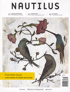 A cover of a magazine showing an image of flowers and Colibri like birds. The title on it is: Nautilus.