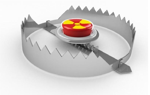 A 3d render of a circular animal trap and in the middle a red pill with a yellow nuclear symbol on it.