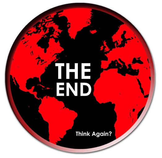 A photo of a square depicting the globe in red color. The text on it says: THE END Think Again?