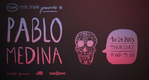 A poster with pink to purple gradient that shows a painted skeleton head. Also the text on the poster is: Pablo Medina.