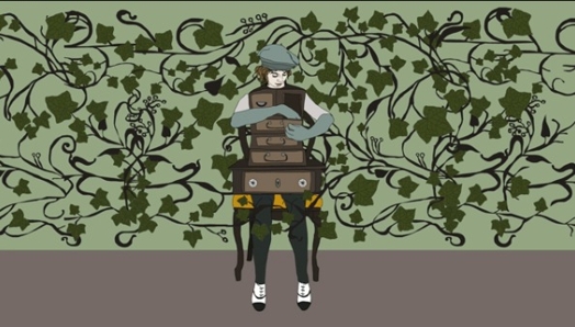 An pictogram of a women sitting on a chair and holding in her lap multiple suitcases. In the background the wall is covered in green ivy.