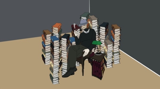 A sketch of a man with invisible head, that sits on a chair and smokes a pipe while surrounded by stacks of books.