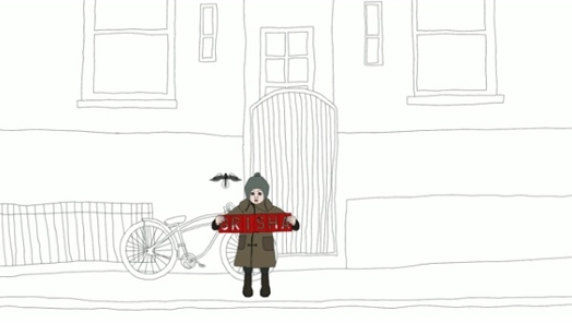 A sketch of a little girl holding a red banner with the text CRISHA, while in the background a house, porch, bicycle and a bird are visible.