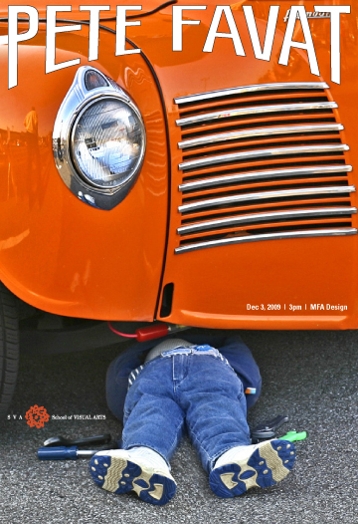 A poster showing an orange classic car and a man underneath it doing repairs.