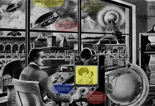 An old graphic showing Paris and some radical ideas like commercial flying dirigible, energy transmitted from a tower and talking to people from another side of the world while connecting a device that looks like a tv screen to a part of a small globe.