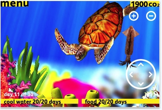A computer generated graphic of the sea floor with colorful coral reef, a turtle and a squid.