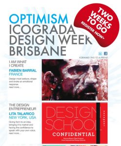 A poster showing a list of articles whit images like: a paining of a man's face and a typography designed logo Design School Confidential. The title of the poster is: Optimism Icograda Design Week Brisbane. Register now.