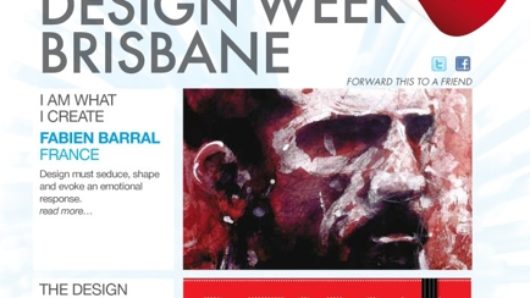 A poster showing a list of articles whit images like: a paining of a man's face and a typography designed logo Design School Confidential. The title of the poster is: Optimism Icograda Design Week Brisbane. Register now.