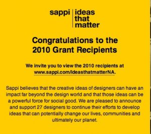 A yellow invitation card with text: sappi, ideas that matter, Congratulations to the 2010 Grant Recipients..