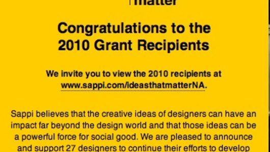 A yellow invitation card with text: sappi, ideas that matter, Congratulations to the 2010 Grant Recipients..