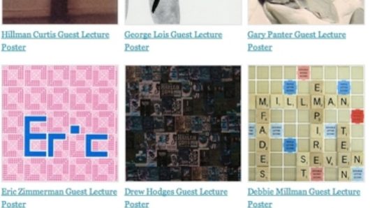 Multiple lecture posters showing: a man with a card, some pink fractal design, a scrabble game, a president, a sketched man talking on the phone, cards with letters and other art works.