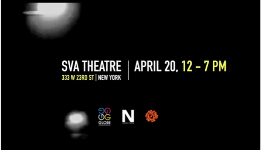A black and white poster showing a glowing light, the text SVA Theatre, a globe logo, a N logo and the SVA logo.