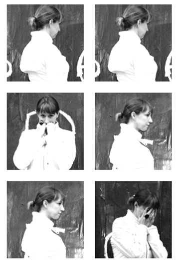 A group of six black and white photos of a woman in different postures.