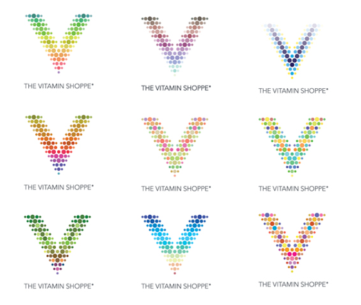 The image shows nine different V letter color gradients for a Vitamin logo shop.