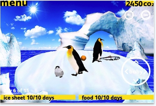 A computer generated graphic of a polar scape, some penguins and a fish on the ice.