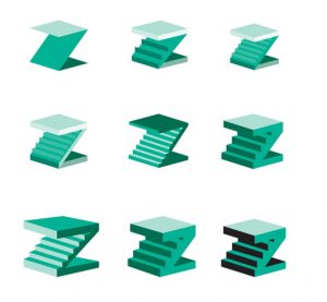 The image of nine Z shapes that are colored green with different shades. Also there are different styled because some of them have stair like structures on them.