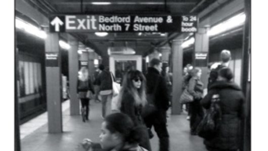 A black and white poster showing a subway station with text: L is for likable.