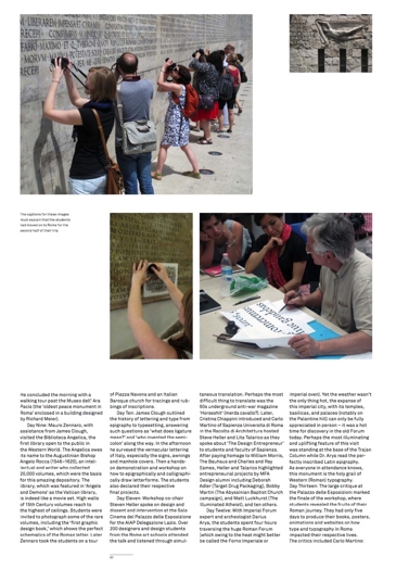 An article with images showing people photographing and copying carved letters from a wall. Another picture shows a profesor giving pointers to students in how to design new letter fonts.