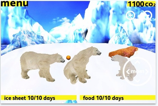 A computer generated graphic of a polar scape, polar bears and a walrus.