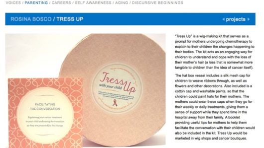 A screenshot of a website depicting a parenting kit for women and girls named Tress Up designed to help children understand the loss of hair of adults undergoing chemotherapy. The project is supported by SVA MFA Designer as Author.