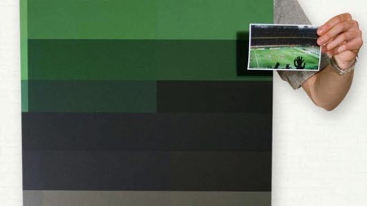 A photo of a man showing a green palette cardboard and a photo of a green football stadium.