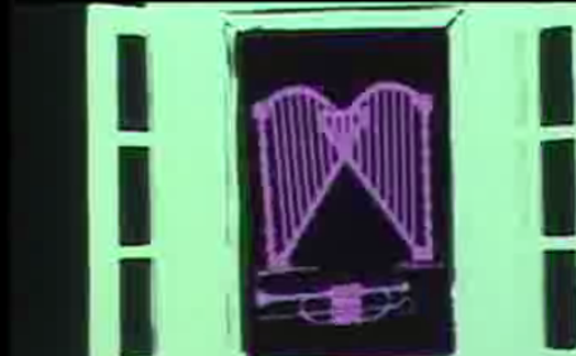 A computer generated image of a green window and some violet colored music instruments.