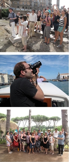 Photos showing people in tour trough Rome and Venice.