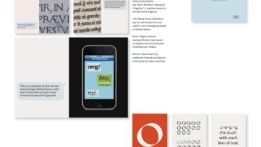An image with multiple opened notebooks depicting typographic letter design used in calligraphy and smartphone applications.
