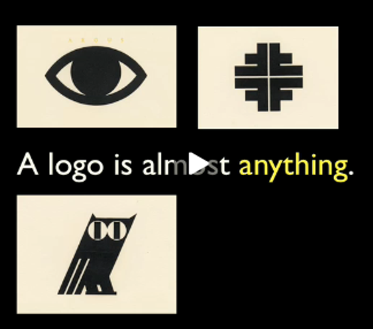 A group of black and white logos that show an eye, some symmetric pattern and an owl with the text: A logo is almost anything.