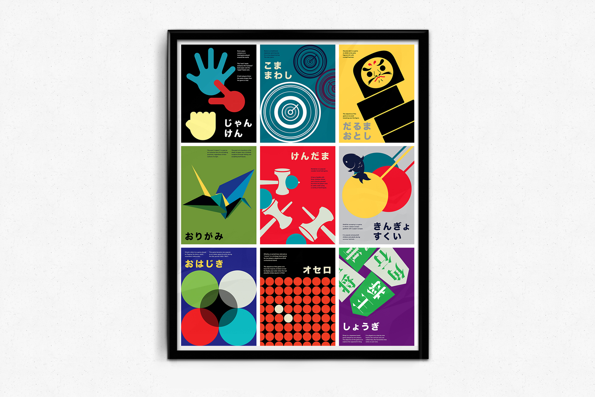 A picture in a frame that show nine different small and colorful infographic posters.
