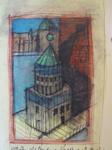 A blue, yellow, red and green colored sketch of a building.