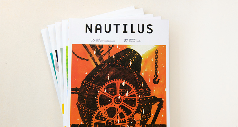 A collection of stacked magazines with the title Nautilus. On the top magazine there is an orange drawing of a furnace with cogwheels, chains and hooks around it.