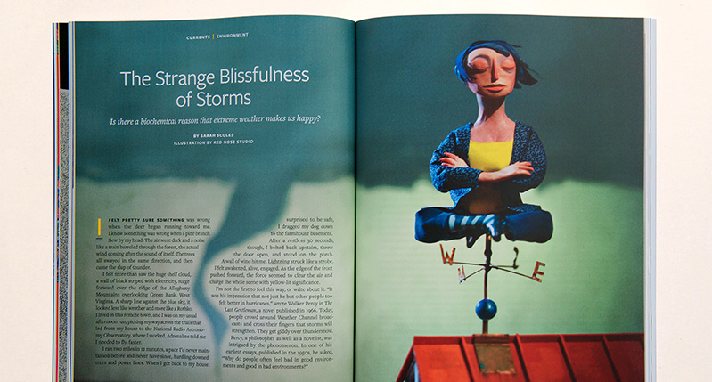 A photo of an opened book with title: The Strange Blissfulness of Storms. The picture on the book represents a green and blue colored tornado and a girl meditating while sitting on top of a North South East West house pole put on top of a red roof.